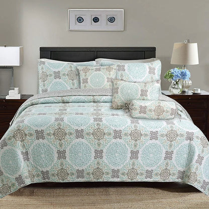 Cozy Line Light Green Aqua Damask Reversible Bedding Quilt Set