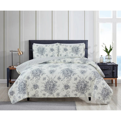 Toile and Bamboo Stripes Reversible Cotton Quilt Set