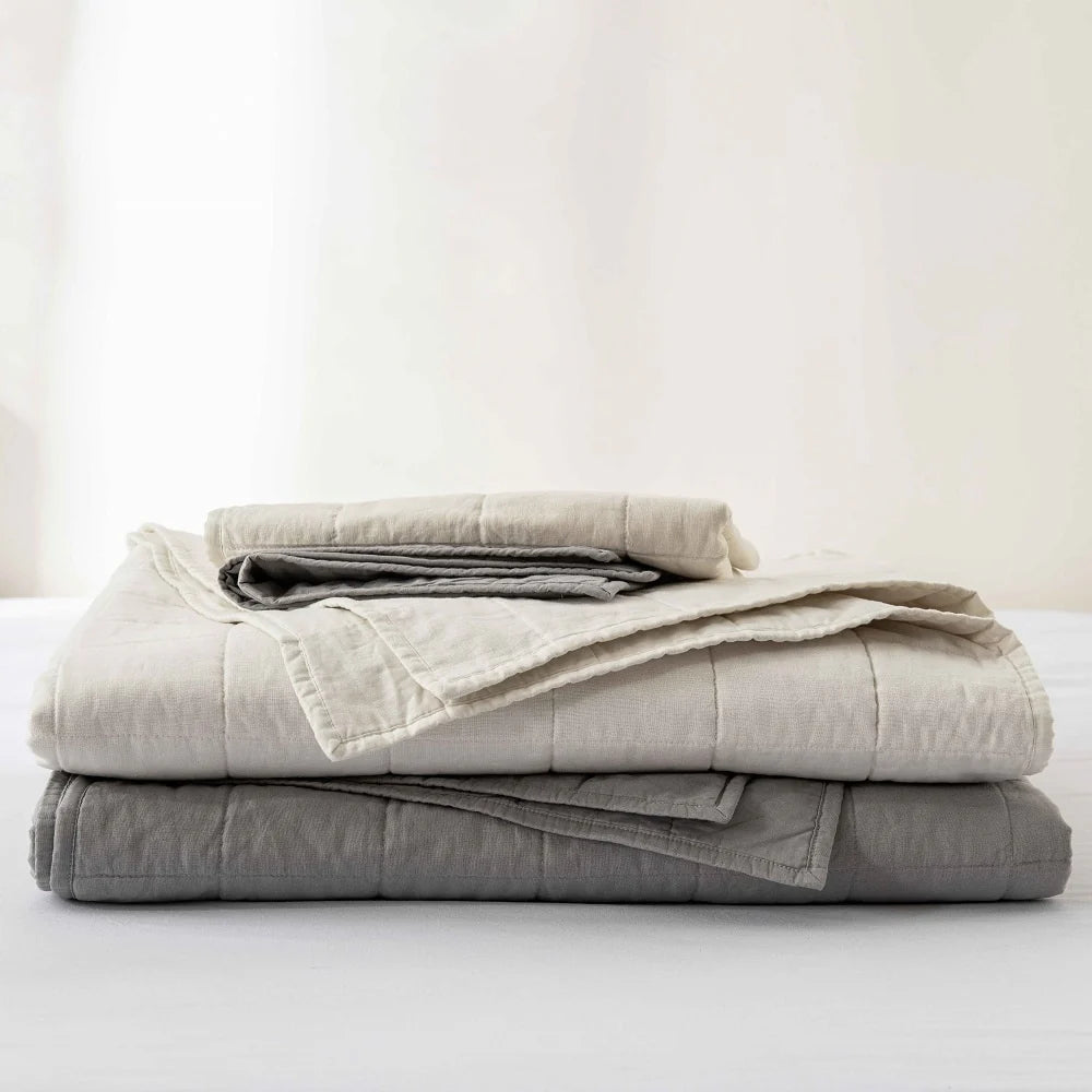 WHOLINENS Box Stitch Stone Washed Linen Blend Quilt & Pillow Shams Set