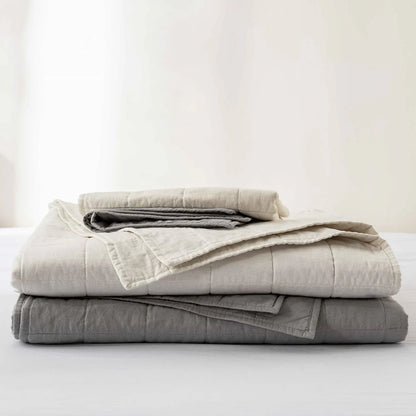 WHOLINENS Box Stitch Stone Washed Linen Blend Quilt & Pillow Shams Set