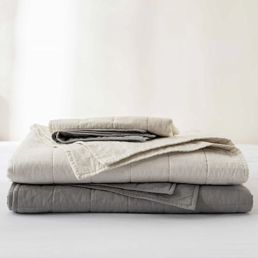WHOLINENS Box Stitch Stone Washed Linen Blend Quilt & Pillow Shams Set
