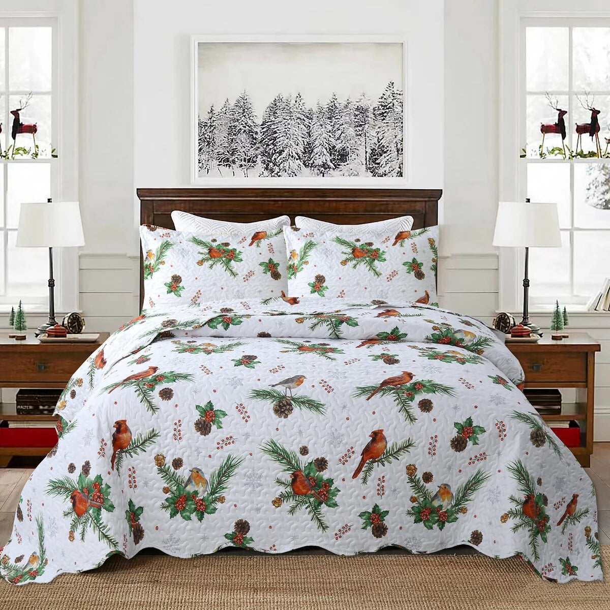 MarCielo 3 Pcs Winter Cardinals Christmas Quilt Bedspread Set C79