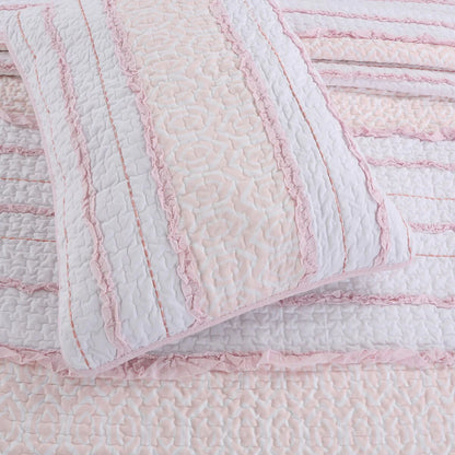 Cozy Line Pretty in Pink Girly Ruffle Pink Cotton Quilt Bedding Set with 2 Throw Pillows