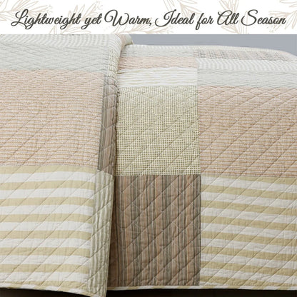 Cozy Line Stripe Checker Patchwork Cotton Reversible 3 Piece Quilt Bedding Set