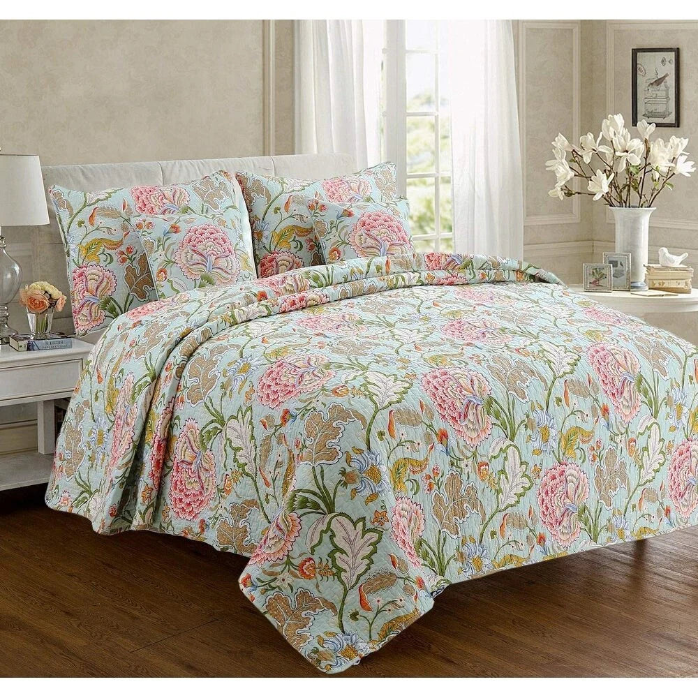 Cozy Line Aregada Floral Cotton 3-piece Reversible Quilt Bedding Set