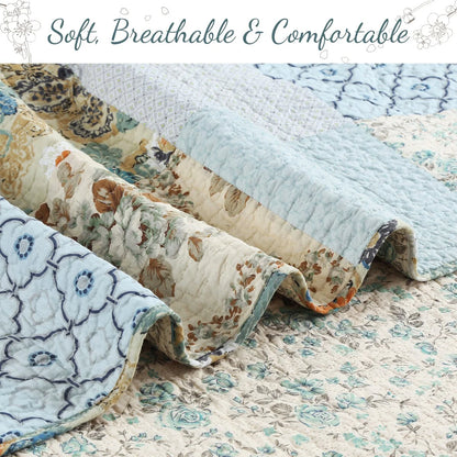 Cozy Line Sky Blue Floral Patens Ogee Patchwork Cotton Quilt Bedding Set