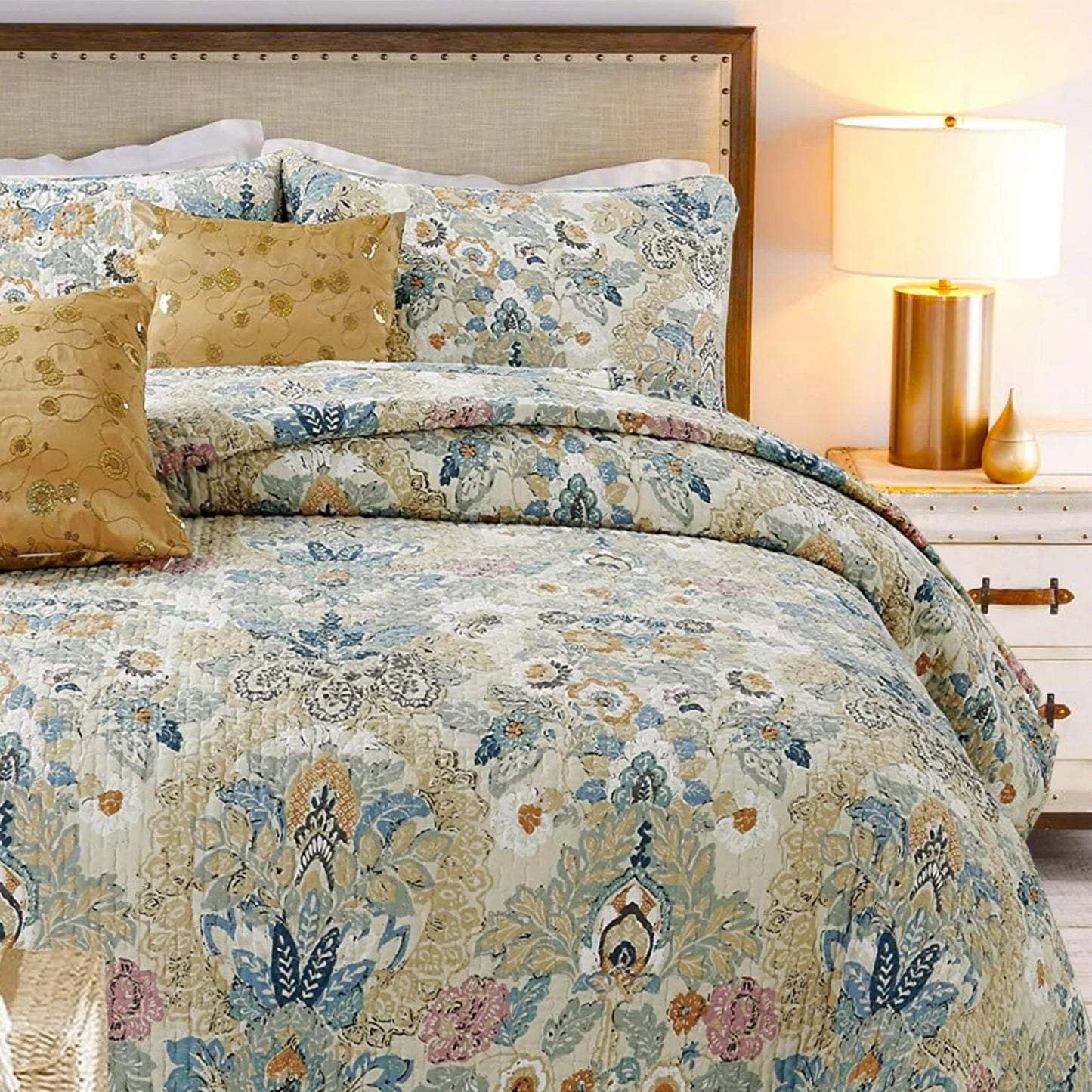 Cozy Line Florabella Cotton Golden Floral 3-pc. Reversible Quilt Bedding Set