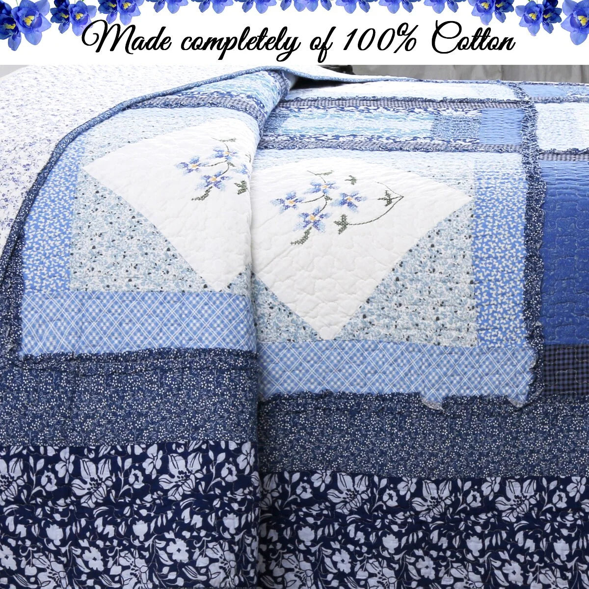 Cozy Line Freesia Blue Patchwork 3-piece Reversible Cotton Quilt Bedding Set