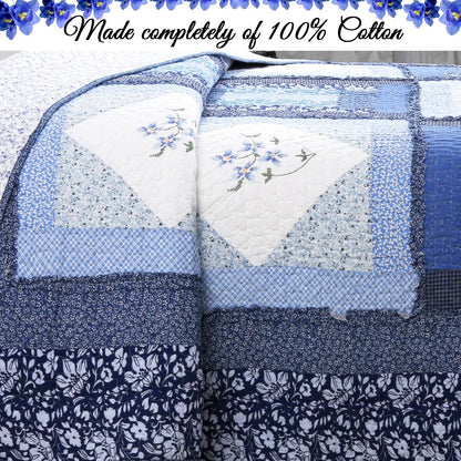 Cozy Line Freesia Blue Patchwork 3-piece Reversible Cotton Quilt Bedding Set