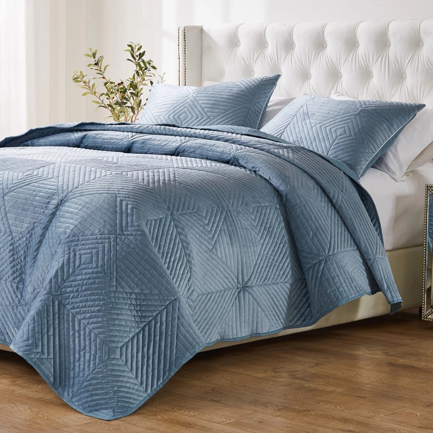Riviera Velvet Finely Stitched Modern Quilt and Pillow Sham Set