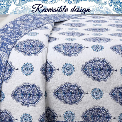 Cozy Line Hittle 3 Piece Cotton Reversible Quilt Bedding Set - Blue/White