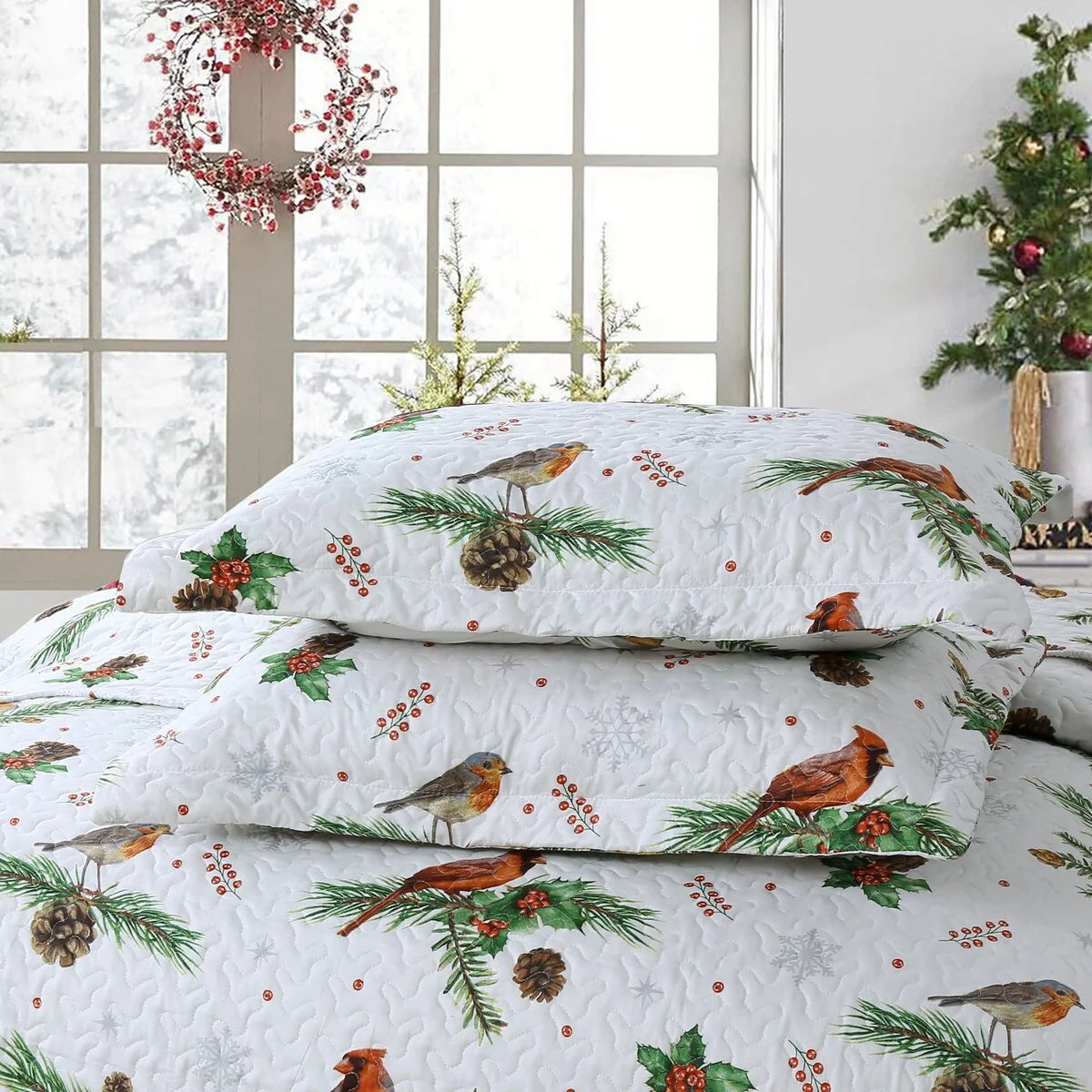 MarCielo 3 Pcs Winter Cardinals Christmas Quilt Bedspread Set C79