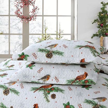 MarCielo 3 Pcs Winter Cardinals Christmas Quilt Bedspread Set C79