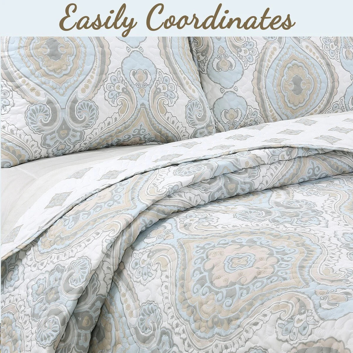 Cozy Line Modern Medallion Sky Blue Tan Gray Brocade Polyester Quilt Bedding Set