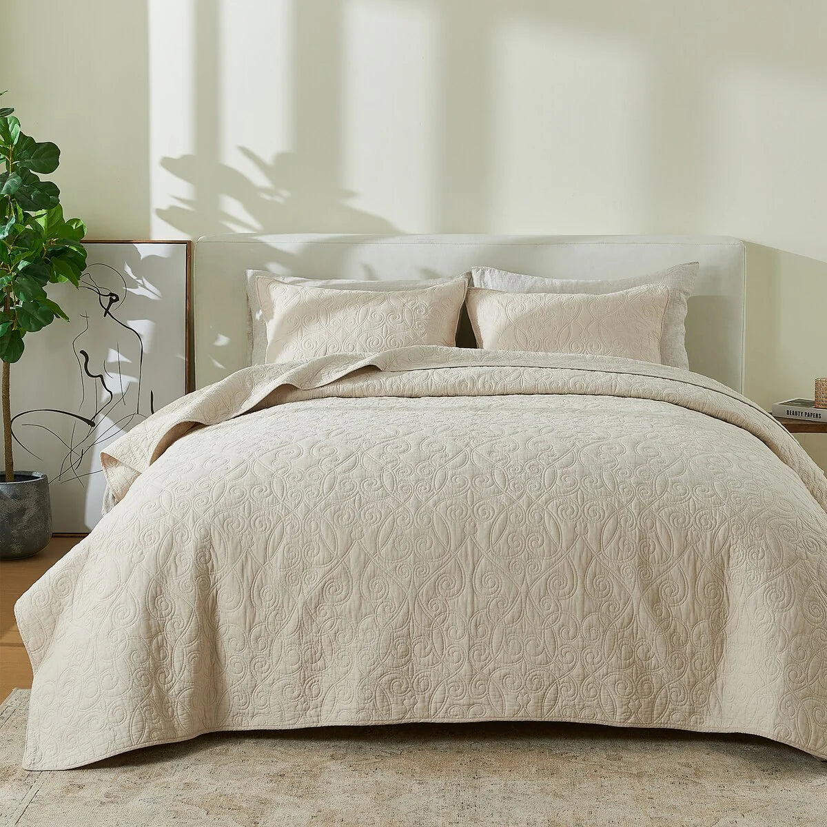Patina Vie Maison 100% Cotton Stitched 3 Piece Quilt and Sham Set