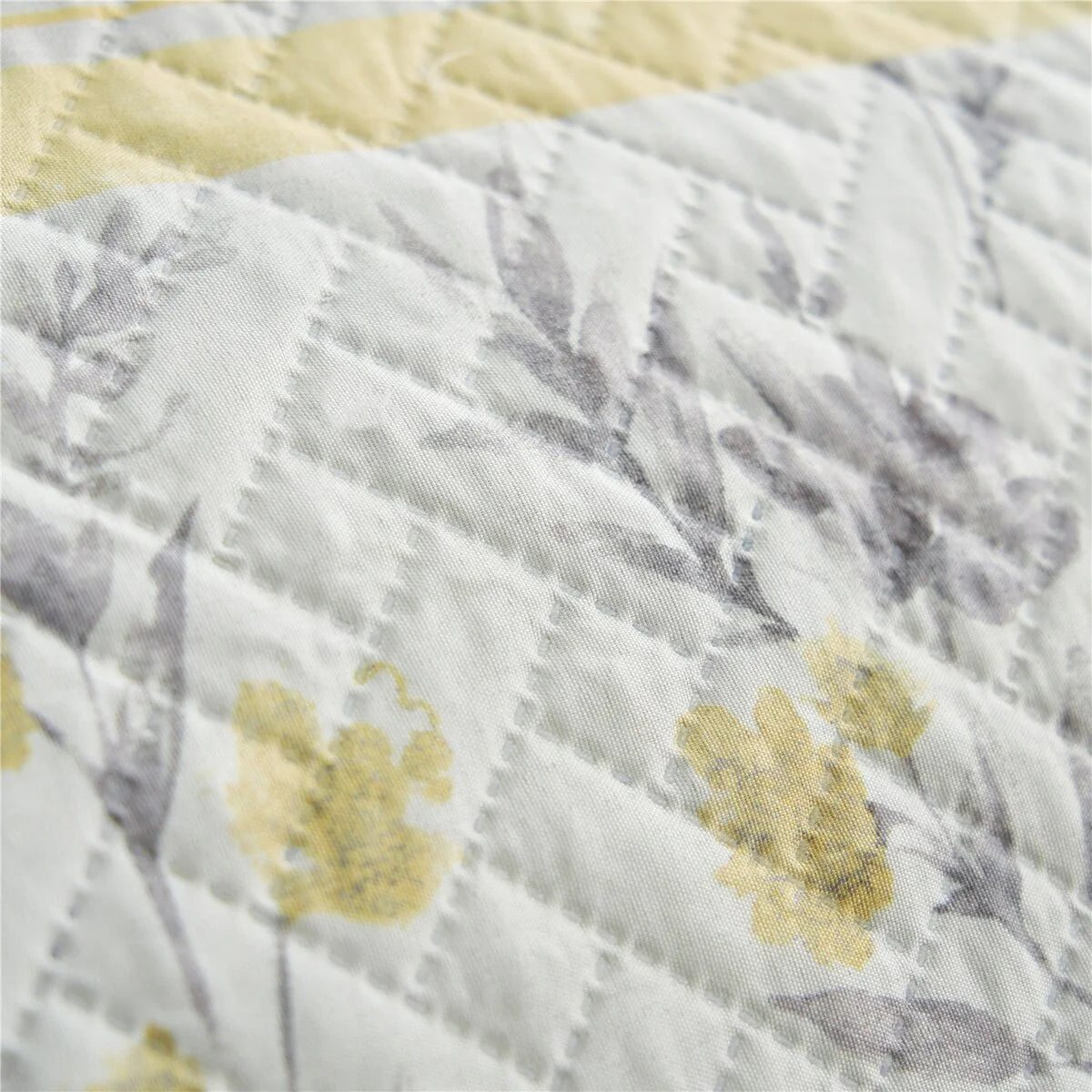 3 Piece Gray Yellow Stripe Quilt Set Floral Reversible Bedspread