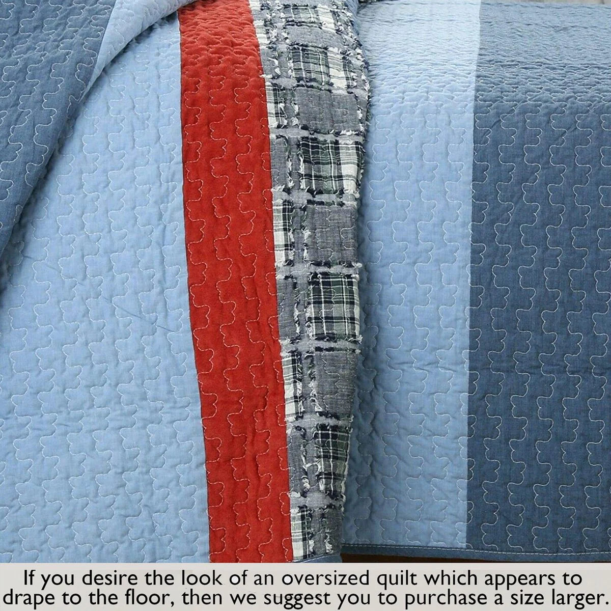 Cozy Line Varsity Navy Red Stripe Denim Cotton Quilt Bedding Set
