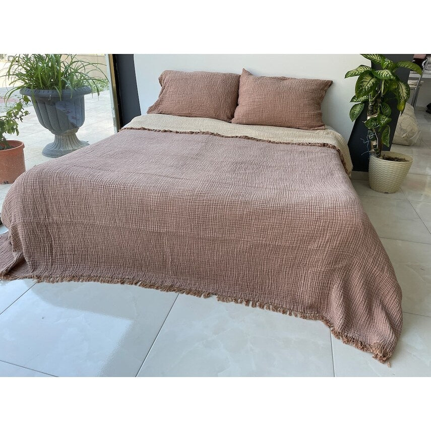 Muslin Blanket 4 Layers, Soft Bedspread, Turkish Cotton Muslin Bed Cover, Reversible Coverlet