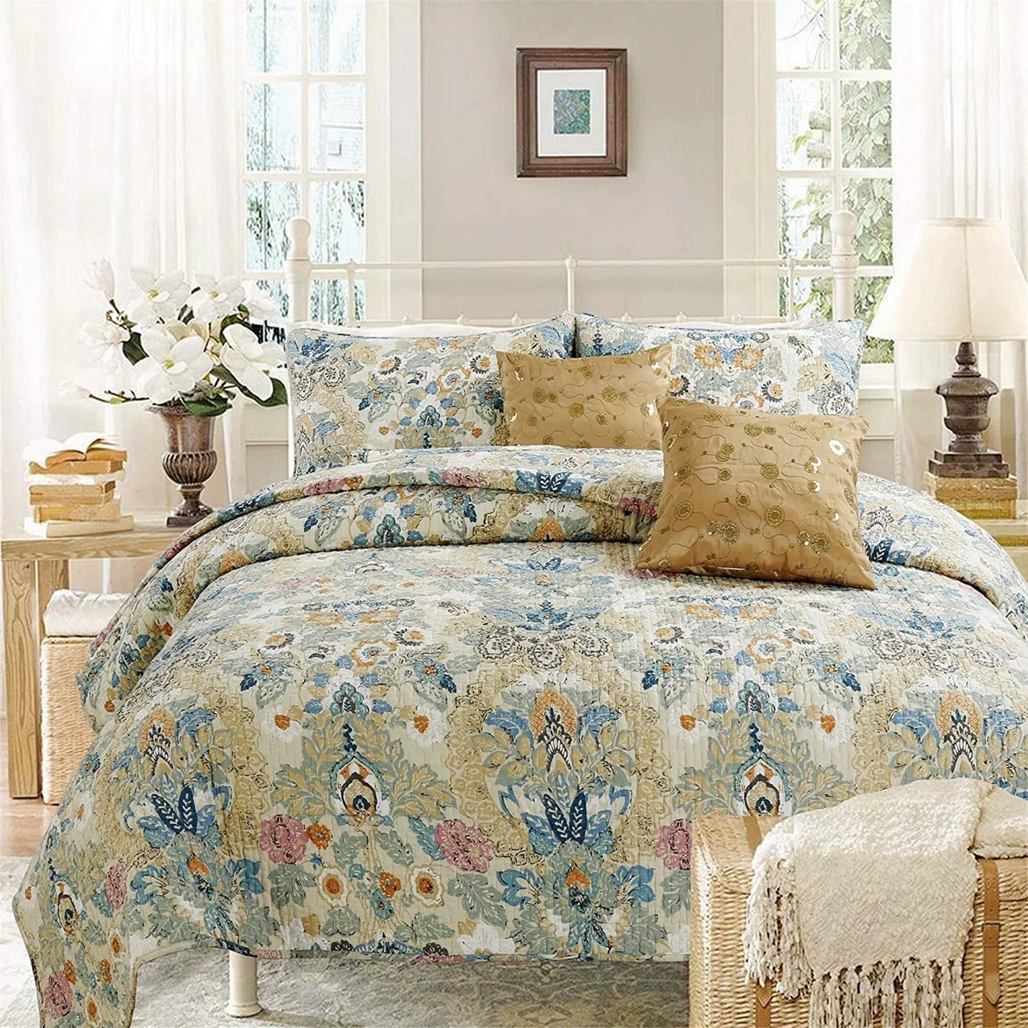 Cozy Line Florabella Cotton Golden Floral 3-pc. Reversible Quilt Bedding Set