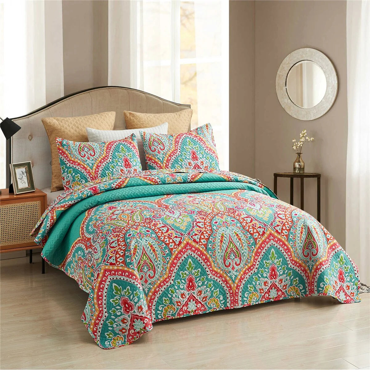 3 Piece European Gorgeous Floral Quilt Set Reversible Bedspread
