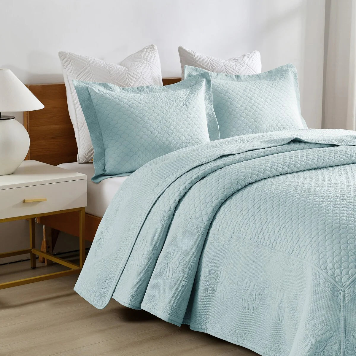 MarCielo 3 Piece Embroidered 100% Cotton Oversized Quilt Bedspread Set TM