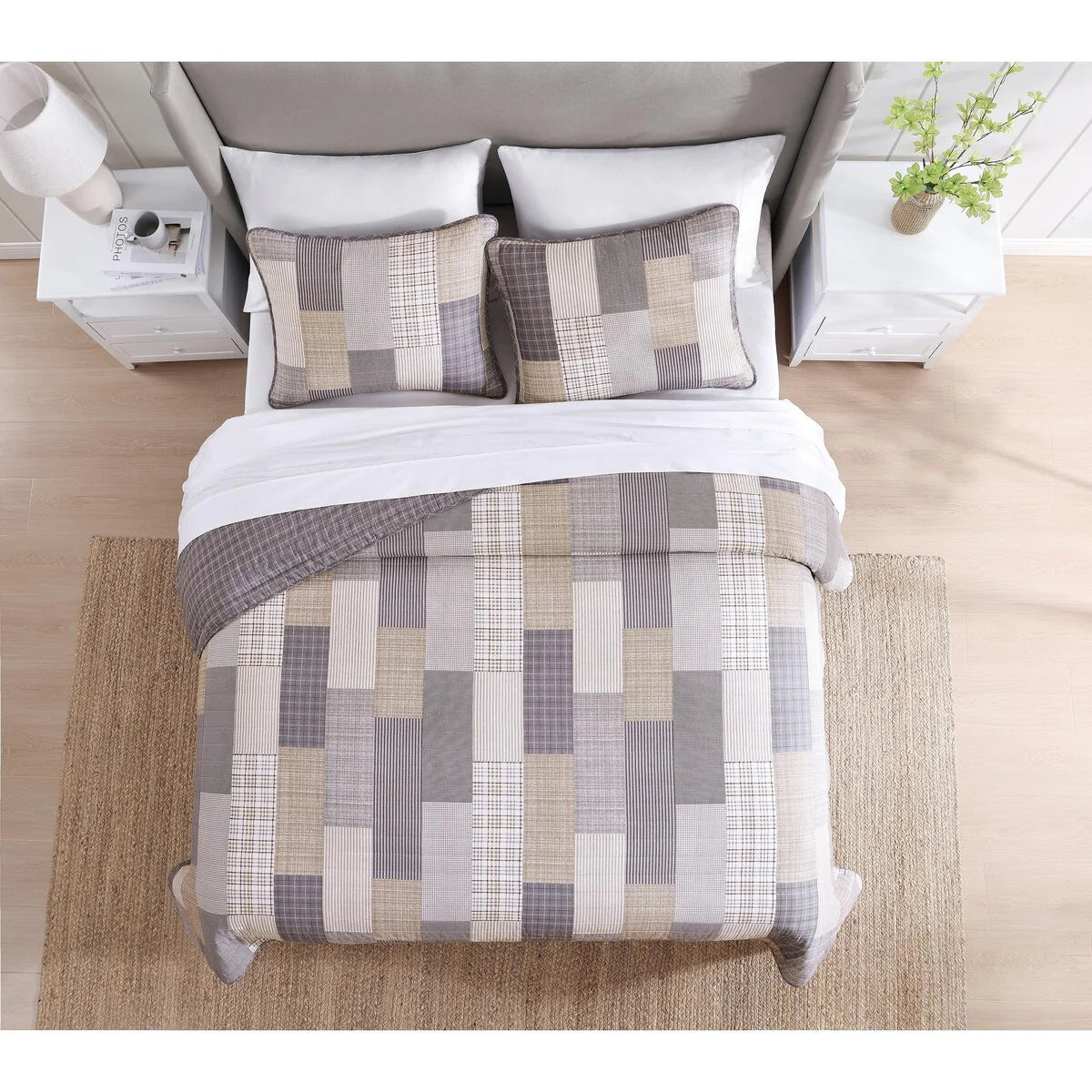 DESIGN STUDIO Lakeshore Plaid Grey Soft Cotton Reversible Quilt Set