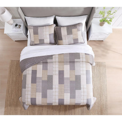 DESIGN STUDIO Lakeshore Plaid Grey Soft Cotton Reversible Quilt Set