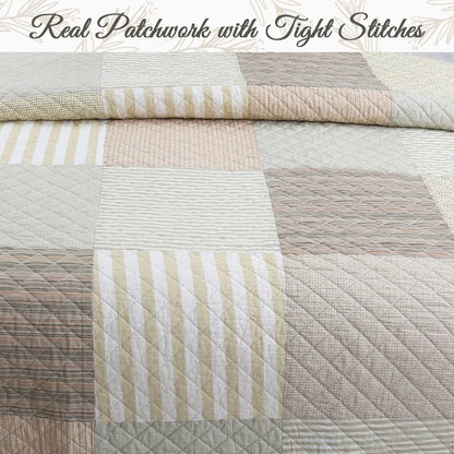 Cozy Line Stripe Checker Patchwork Cotton Reversible 3 Piece Quilt Bedding Set