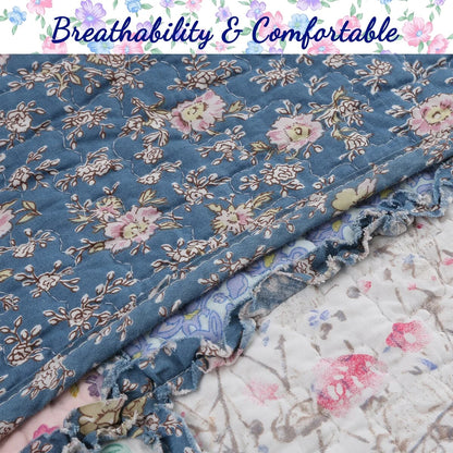 Cozy Line Aphrodite Patchwork Blue Floral 3 Piece Reversible Cotton Quilt Bedding Set