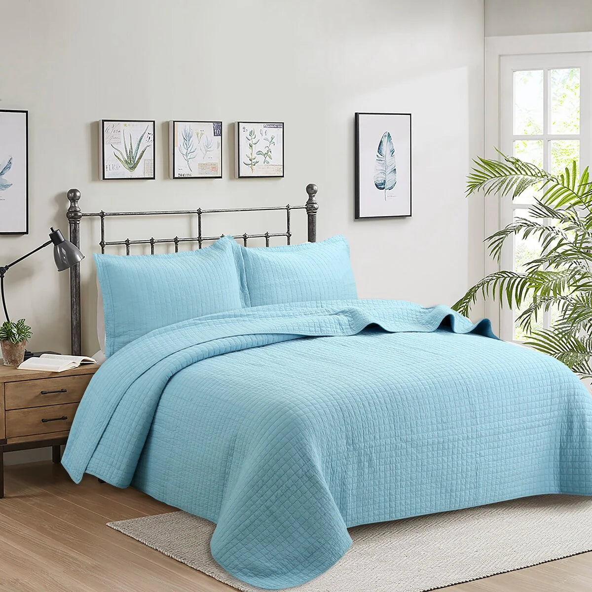 3 Pcs White Cotton Quilt Set Lightweight Bedspread Set Check