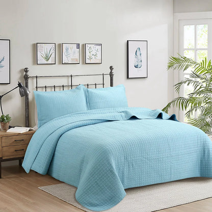 3 Pcs White Cotton Quilt Set Lightweight Bedspread Set Check