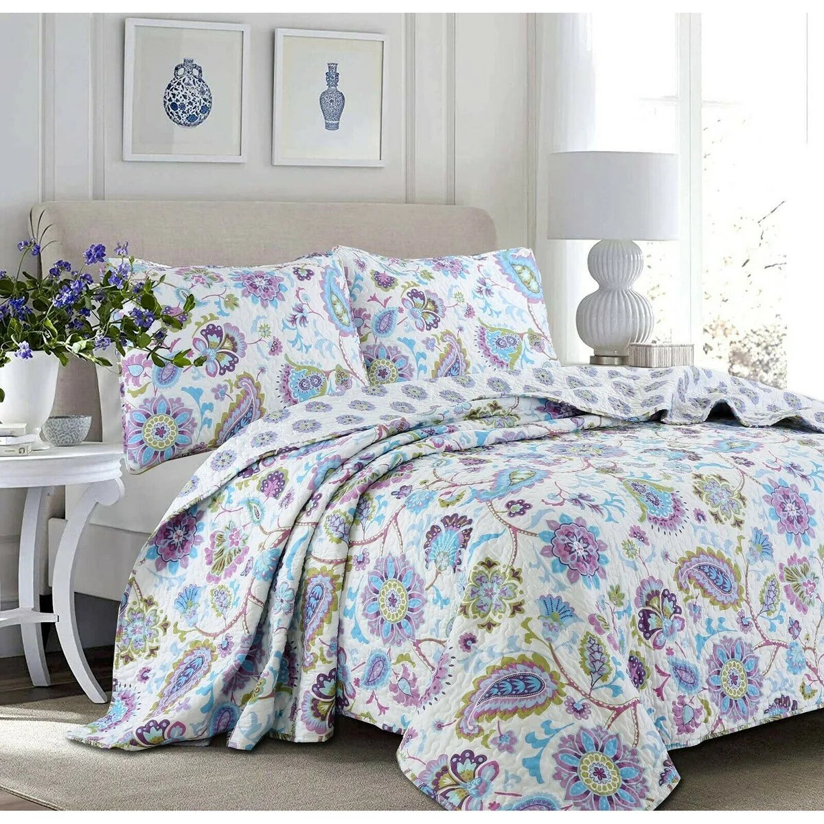 Cozy Line Lavender Purple Blue Floral Paisley 3-Piece Quilt Bedding Set
