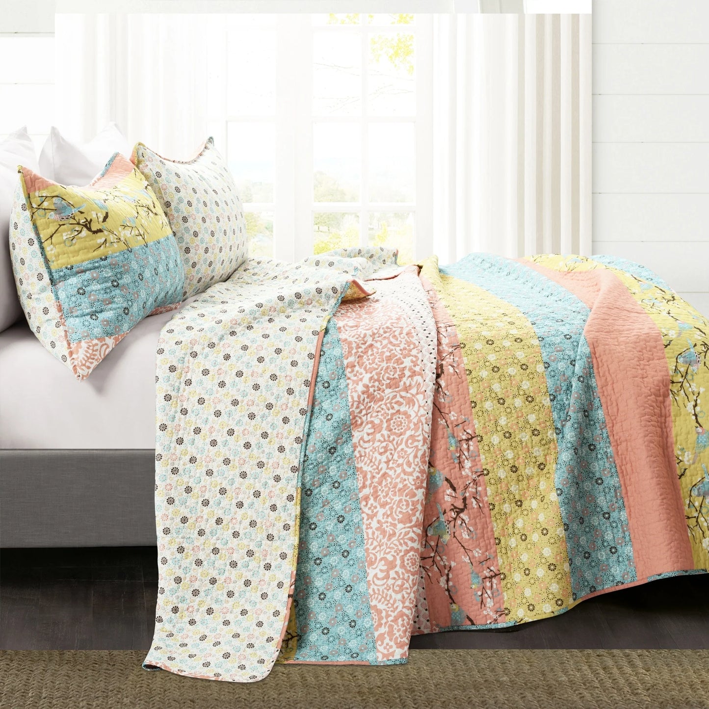 The Curated Nomad La Boheme Floral Cottage 3-piece Striped Quilt Set