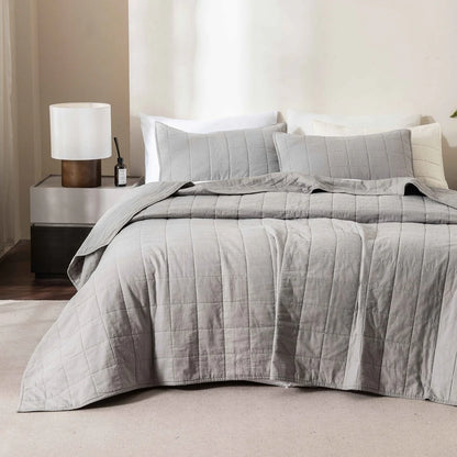 WHOLINENS Box Stitch Stone Washed Linen Blend Quilt & Pillow Shams Set