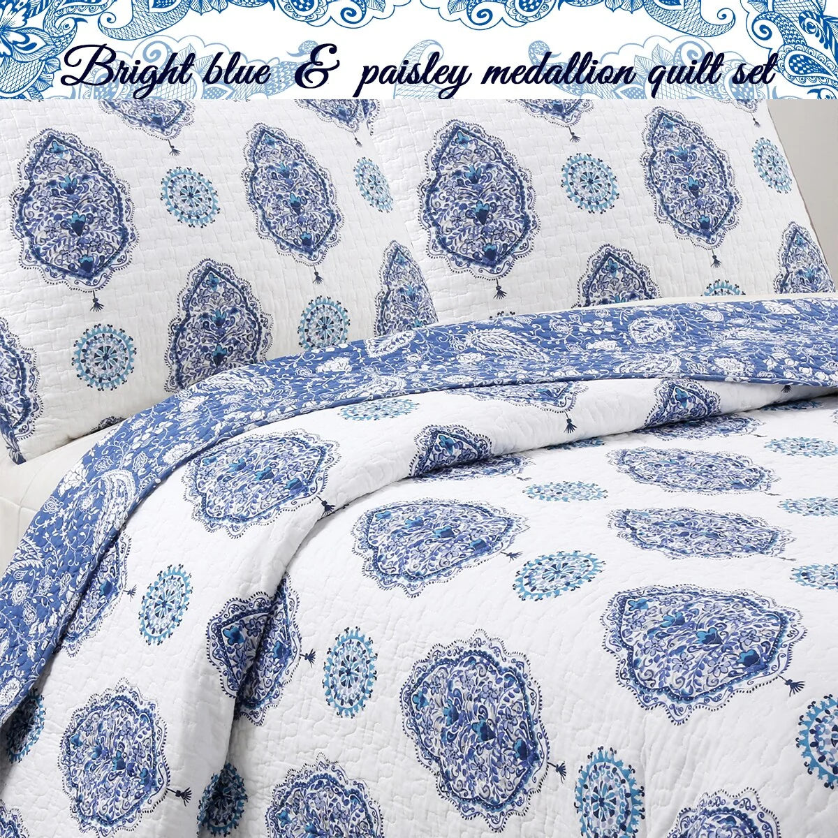 Cozy Line Hittle 3 Piece Cotton Reversible Quilt Bedding Set - Blue/White