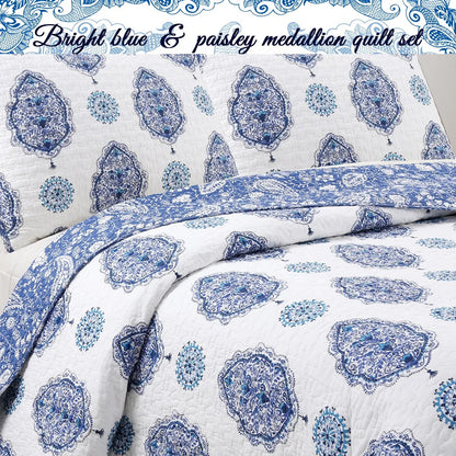 Cozy Line Hittle 3 Piece Cotton Reversible Quilt Bedding Set - Blue/White