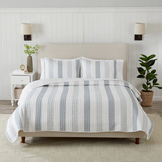 Premium Patterned Stripe Design Microfiber Quilt Set With Shams