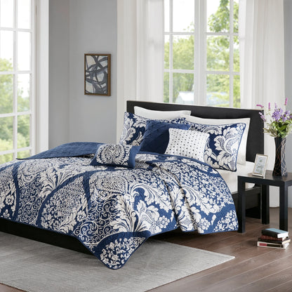 Madison Park Marcella 6 Piece Printed Cotton Quilt Set with Throw Pillows