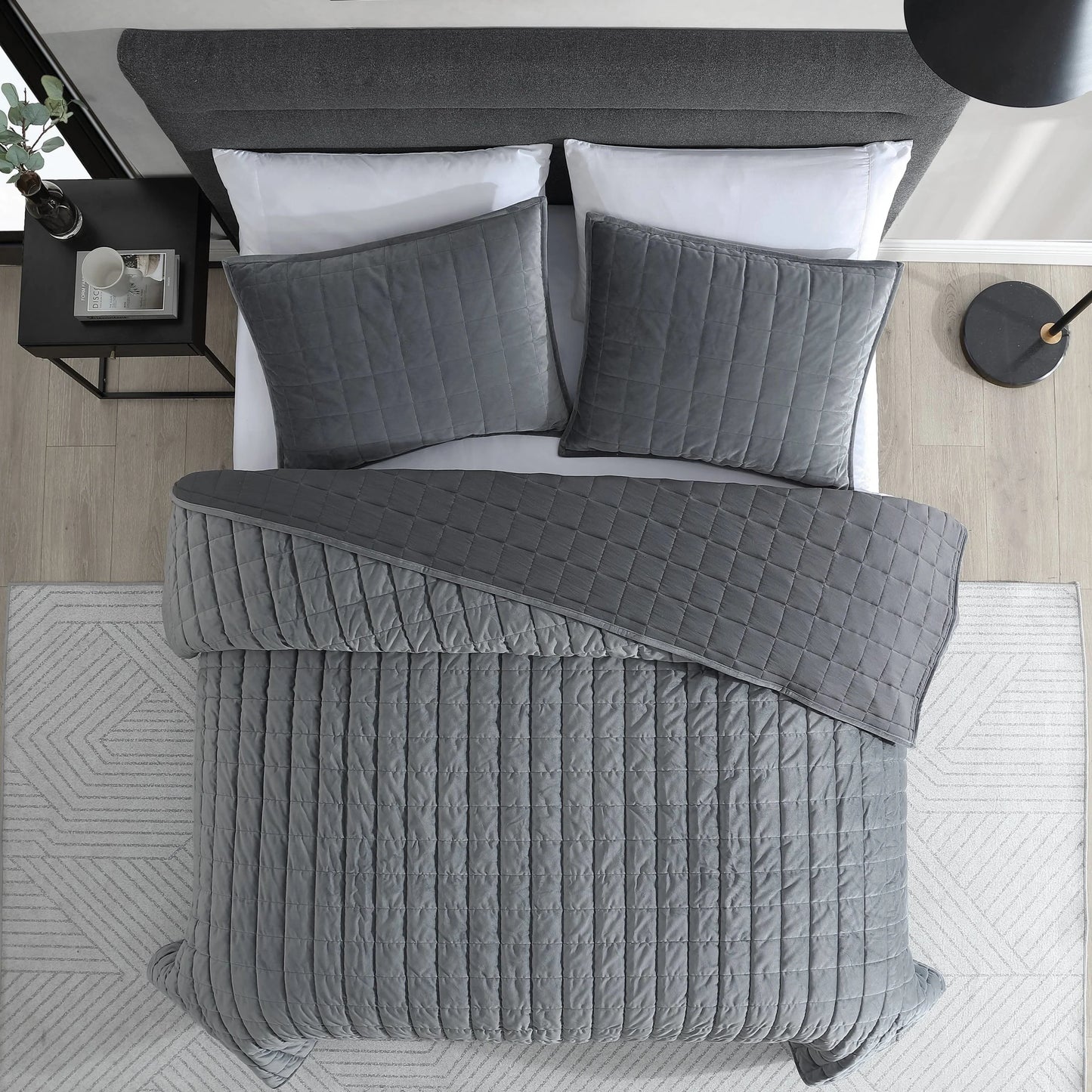 Kenneth Cole Solid Velvet Charcoal Reversible Quilt Set