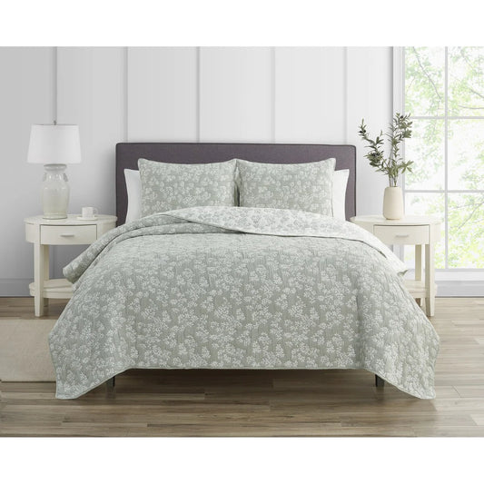 CEDAR COURT Annabella Floral Desert Sage Soft Matelasse Jacquard Quilt Set