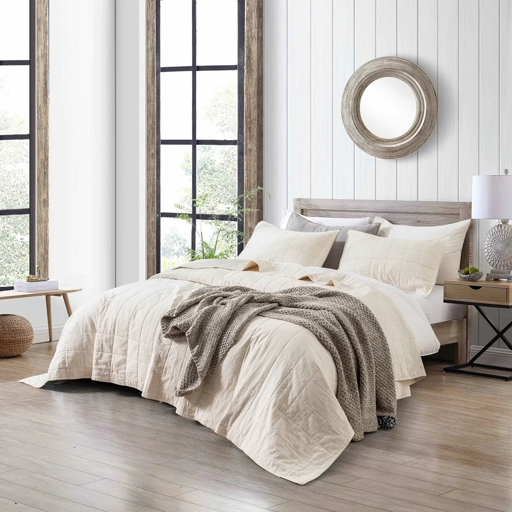 WHOLINENS Box Stitch Stone Washed Linen Blend Quilt & Pillow Shams Set