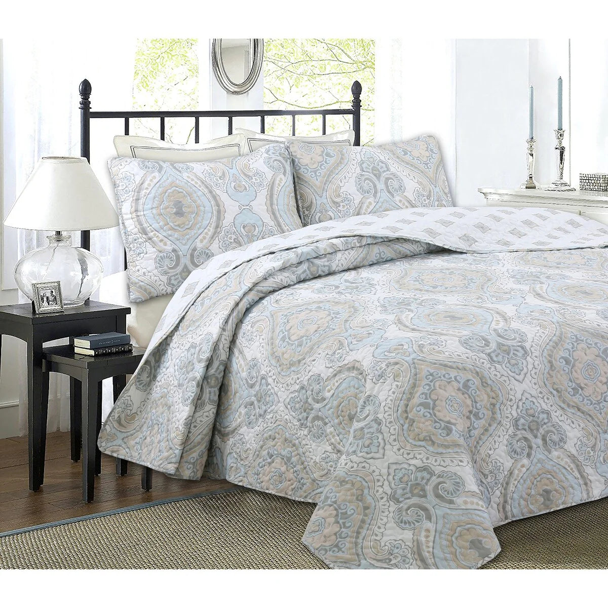 Cozy Line Modern Medallion Sky Blue Tan Gray Brocade Polyester Quilt Bedding Set
