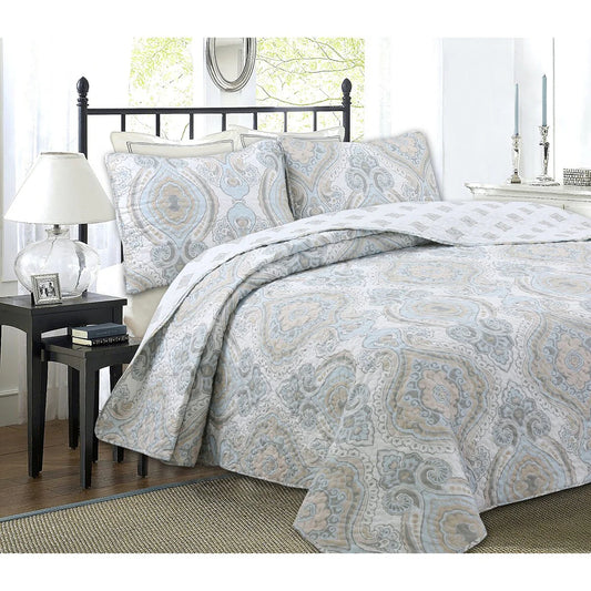 Cozy Line Modern Medallion Sky Blue Tan Gray Brocade Polyester Quilt Bedding Set