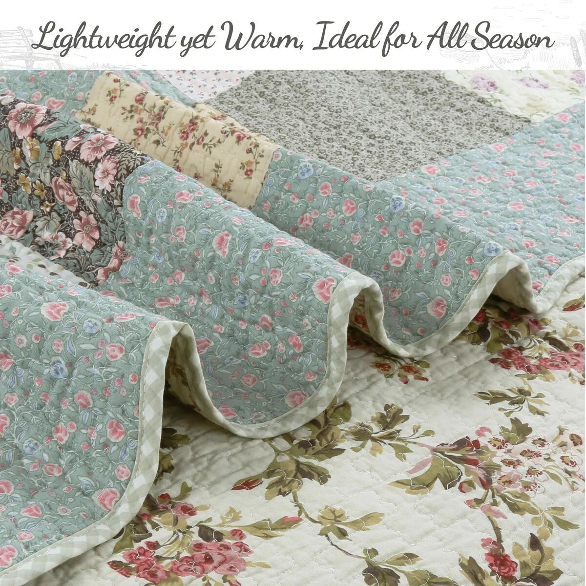 Country Cottage Floral Chic Scalloped Patchwork Cotton 3-Piece Quilt Bedding Set