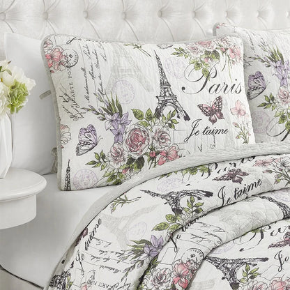 Paris Floral Pink Cotton 3-Piece Reversible Quilt Set