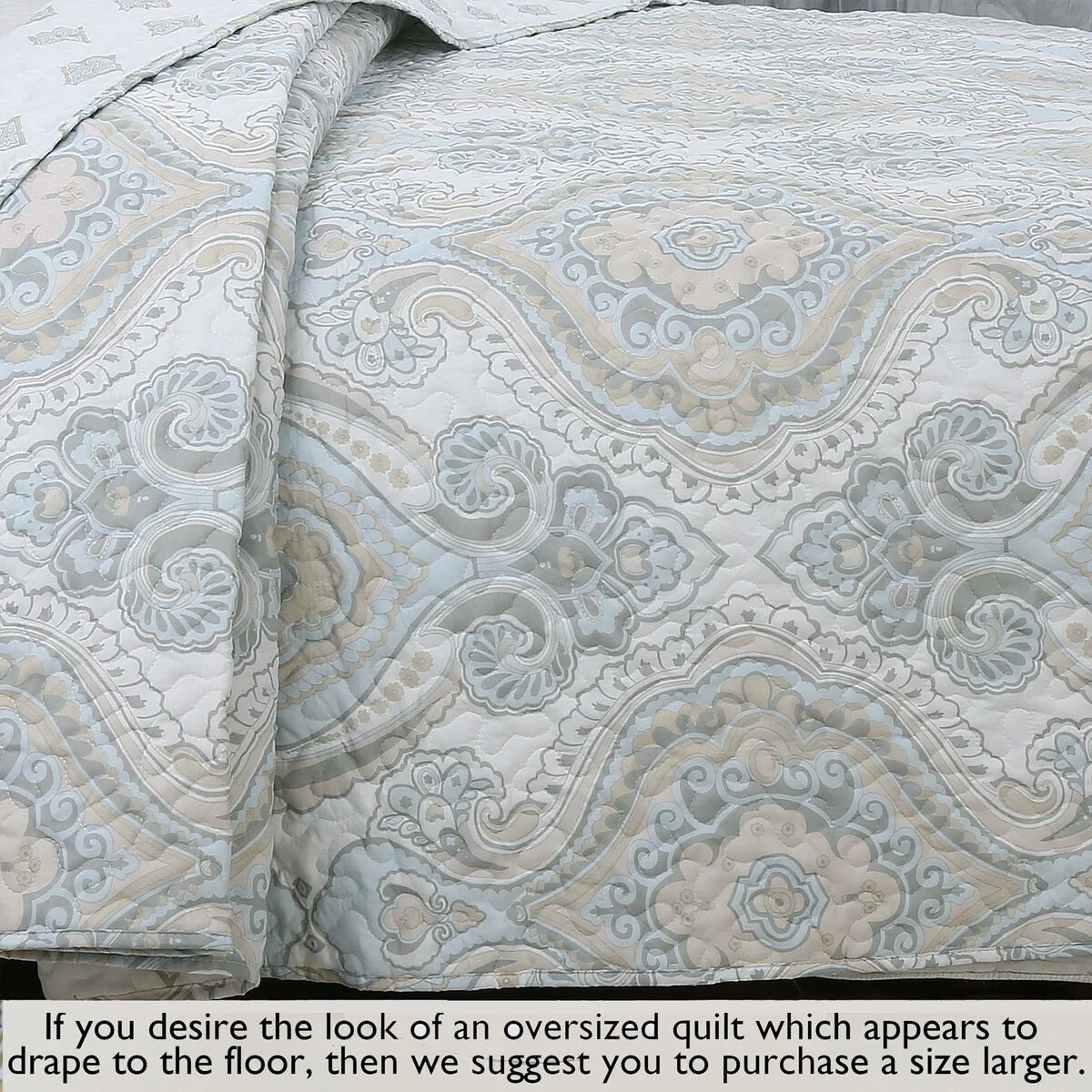 Cozy Line Modern Medallion Sky Blue Tan Gray Brocade Polyester Quilt Bedding Set