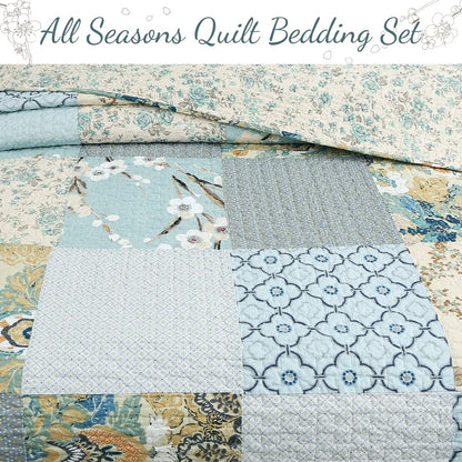 Cozy Line Sky Blue Floral Patens Ogee Patchwork Cotton Quilt Bedding Set