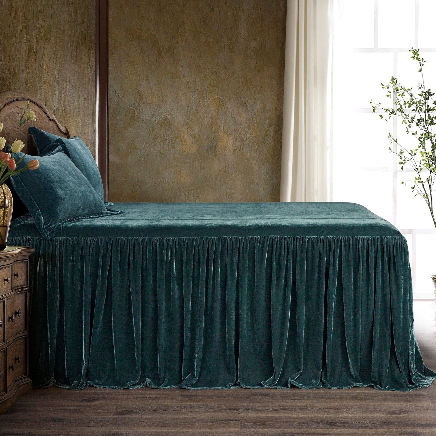 HiEnd Accents Stella Faux Silk Velvet Ruffle Skirt 3 Piece Bedspread Set with Pillow Shams
