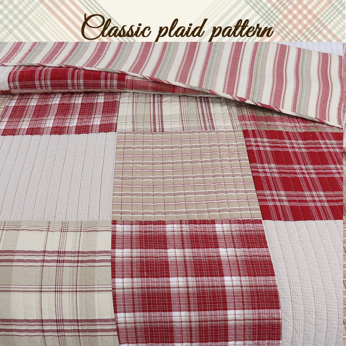 Cozy Line Alivia Red Plaid Real Patchwork Cotton Reversible Quilt Bedding Set