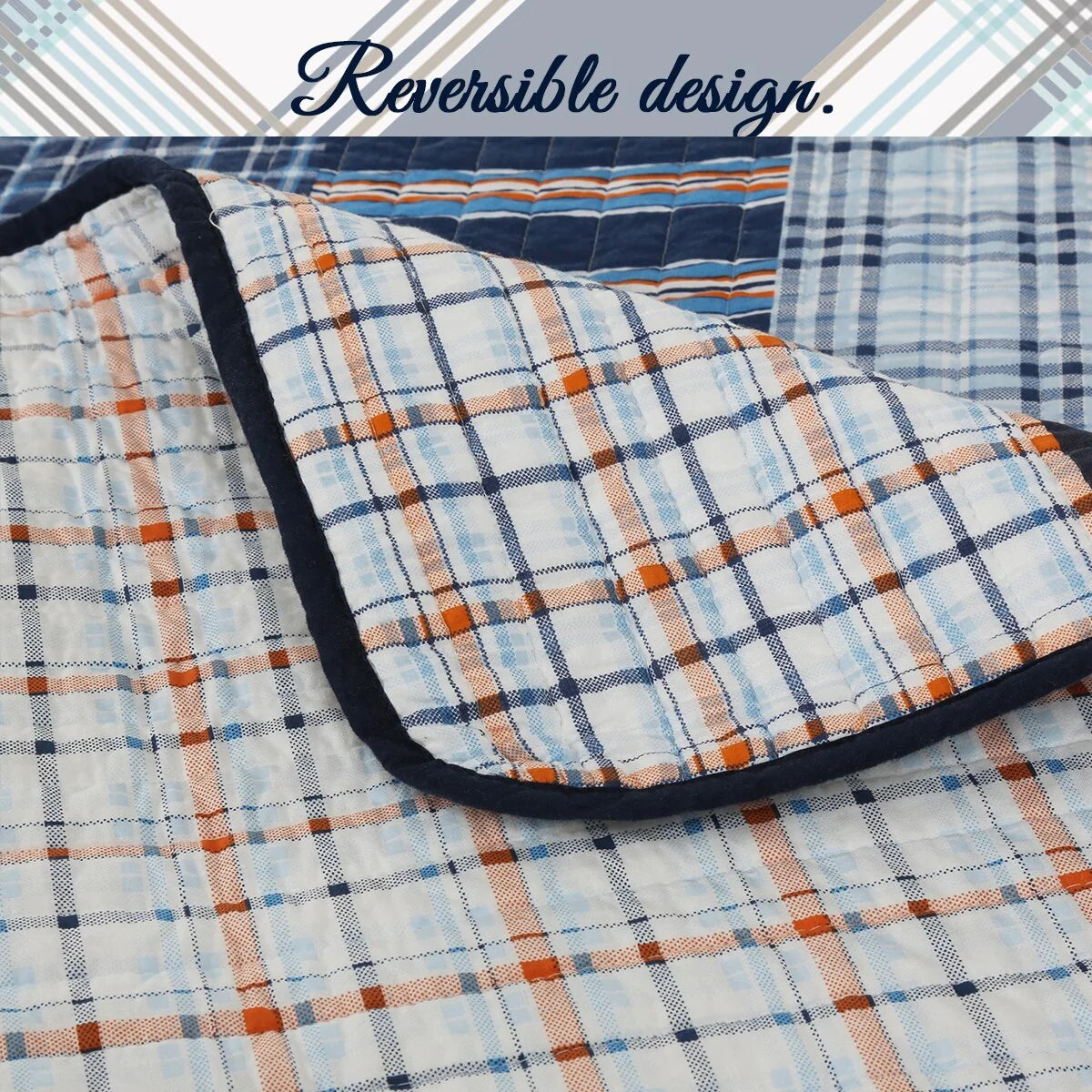 Cozy Line Navy Orange Stripe Reversible Cotton Quilt Bedding Set